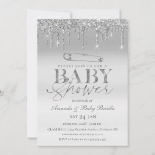 Elegant Silver Drip Safety Pin Baby shower Kaart