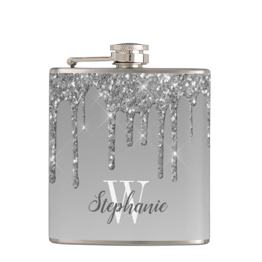 Elegant Silver Driving Faux Glitter Monogram Heupfles (Voorkant)