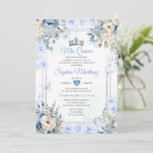 Elegant Silver & Dusty Blue Rozen MIS QUINCE Kaart (Staand voorkant)
