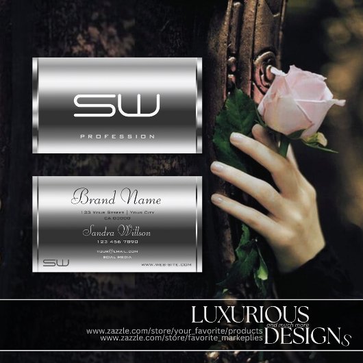 Elegant Silver Effect Moderne Monogram Professiona Visitekaartje