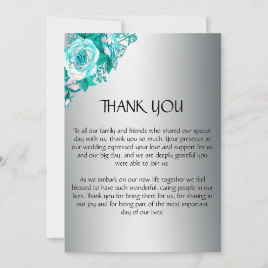 Elegant Silver en Aqua Rozen Weddenschap Hartelijk Bedankkaart (Voorkant)
