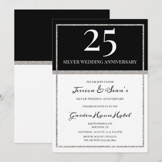 Elegant Silver en Black 25th Wedding Jubileum Kaart (Voorkant / Achterkant)