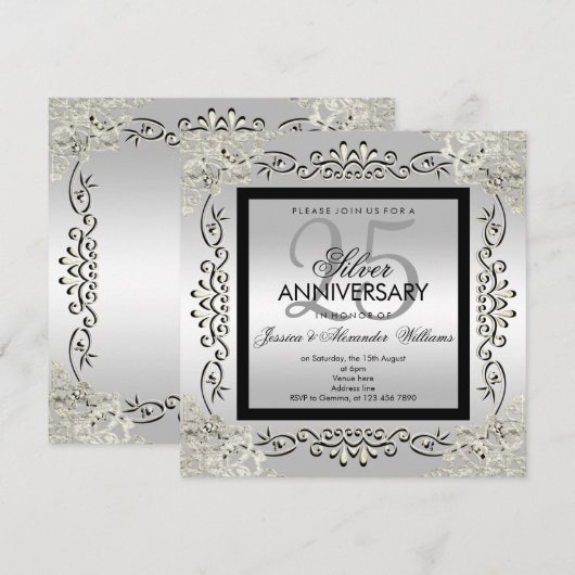 Elegant Silver en Black 25th Wedding Jubileum Kaart (Voorkant / Achterkant)