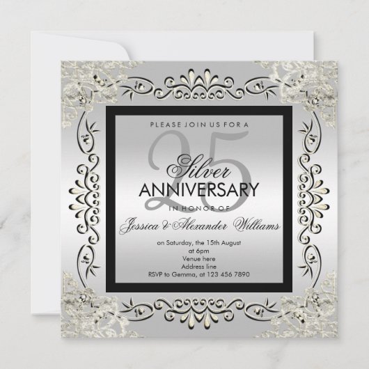 Elegant Silver en Black 25th Wedding Jubileum Kaart (Voorkant)