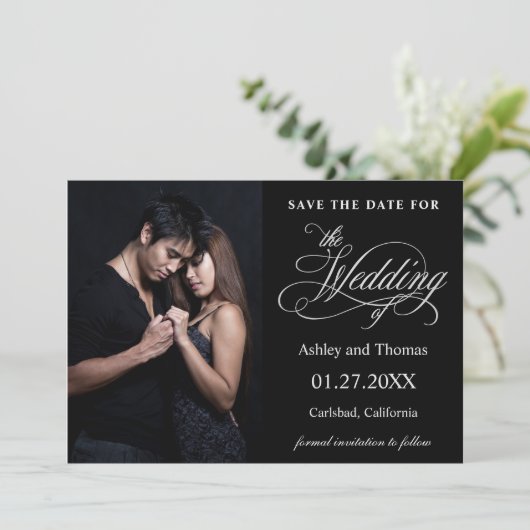 Elegant Silver en Black Photo Save the Date (Staand voorkant)