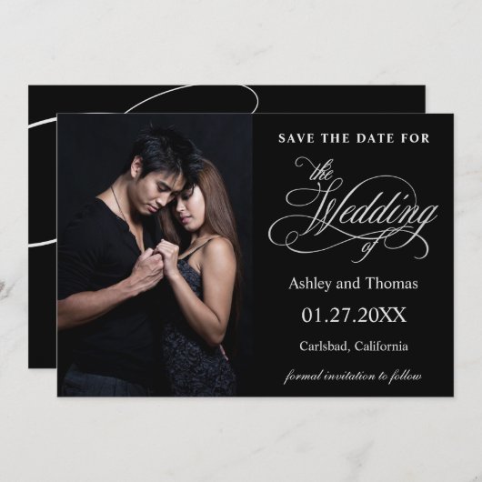 Elegant Silver en Black Photo Save the Date (Voorkant / Achterkant)