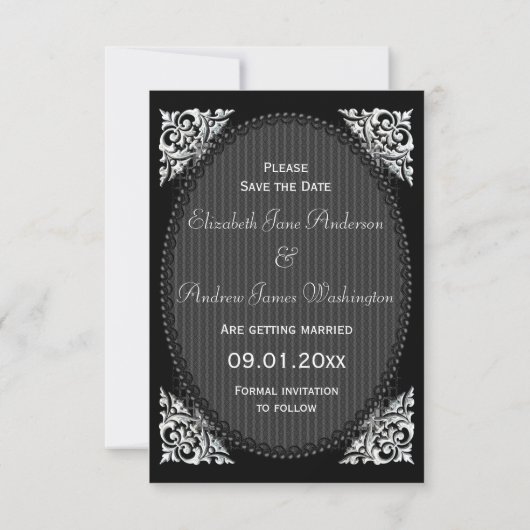 Elegant Silver en Black Save the Date Wedding (Achterkant)