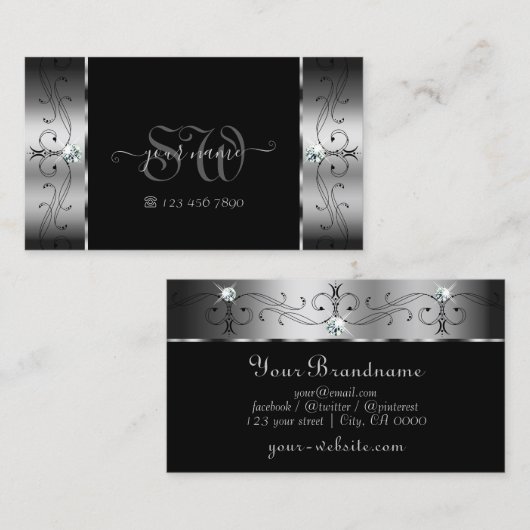 Elegant Silver en Black Squiggings Jewels Monogram Visitekaartje (Voorkant / Achterkant)