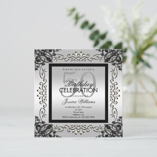 Elegant Silver en Black Women's 50th Birthday Kaart (Staand voorkant)