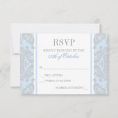 Elegant Silver en Blue Damask Baby Doop RSVP Kaartje (Voorkant)