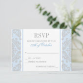 Elegant Silver en Blue Damask Baby Doop RSVP Kaartje (Staand voorkant)