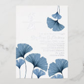 Elegant Silver en Blue Leaf Wedding Invitation Folie Uitnodiging (Voorkant)