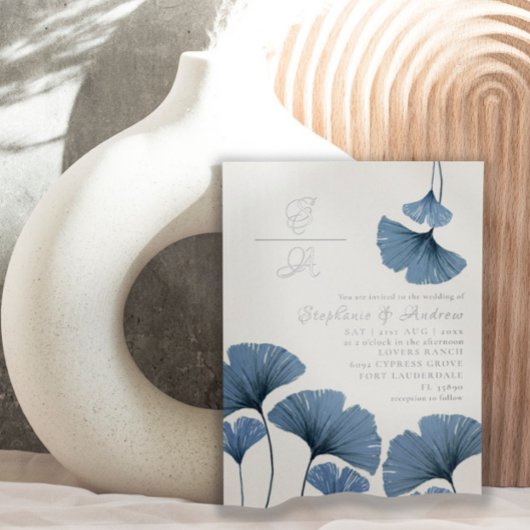 Elegant Silver en Blue Leaf Wedding Invitation Folie Uitnodiging