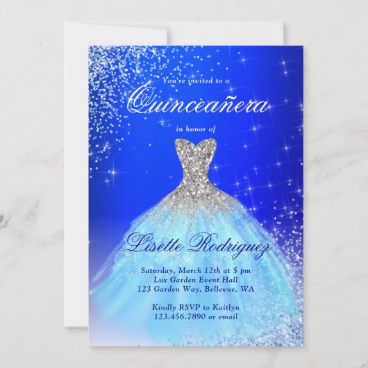 Elegant Silver en Blue Quinceanera Kaart (Voorkant)