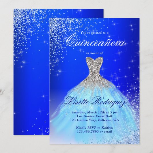 Elegant Silver en Blue Quinceanera Kaart (Voorkant / Achterkant)