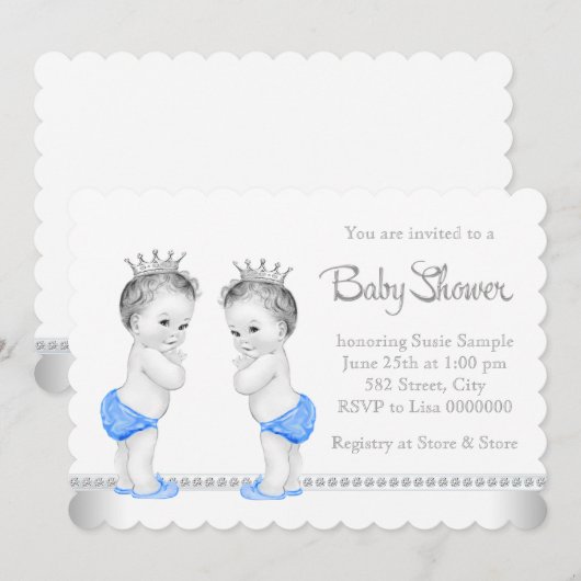Elegant Silver en Blue Twin Boy Baby shower Kaart (Voorkant / Achterkant)