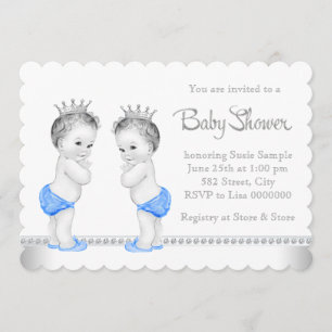 Elegant Silver en Blue Twin Boy Baby shower Kaart