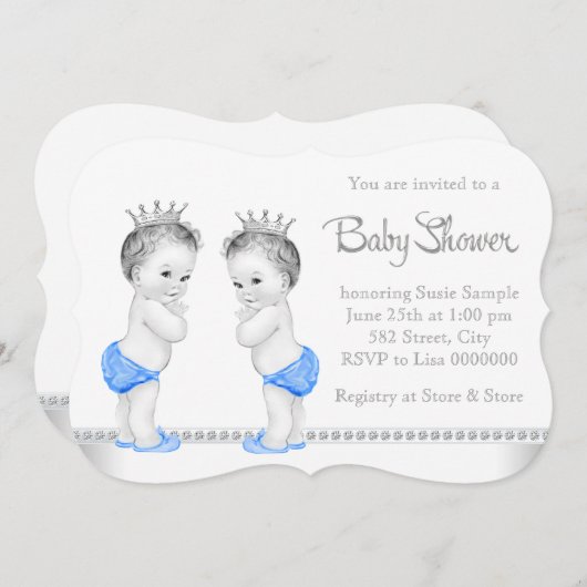 Elegant Silver en Blue Twin Boy Baby shower Kaart (Voorkant / Achterkant)