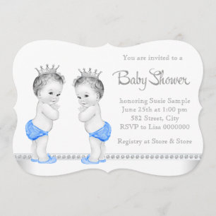 Elegant Silver en Blue Twin Boy Baby shower Kaart