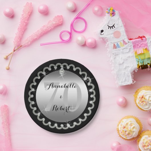 Elegant Silver en Diamonds 70e Jubileum Papieren Bordje (Feest)