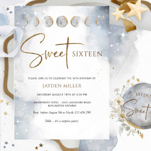 Elegant Silver en Gold Celestial Sweet Sixteen Kaart