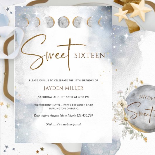 Elegant Silver en Gold Celestial Sweet Sixteen Kaart