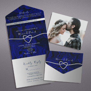 Elegant Silver en Navy Blue Wedding All In One Uitnodiging