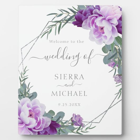 Elegant Silver en Paarse Floral Eucalyptus Wedding Fotoplaat (Voorkant)