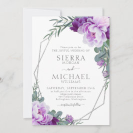 Elegant Silver en Paarse Floral Eucalyptus Wedding Kaart