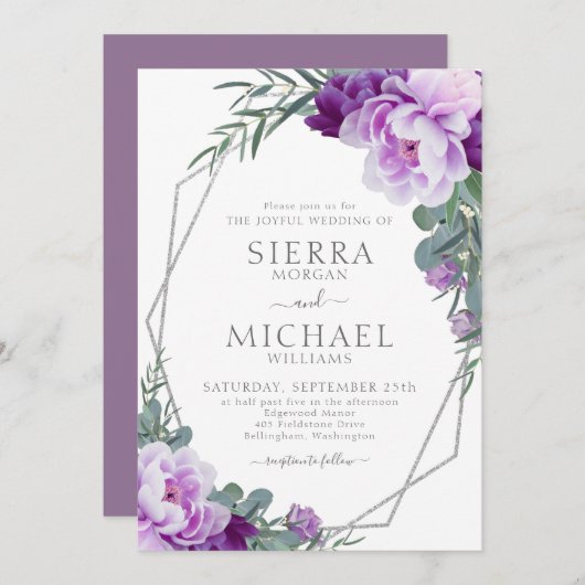 Elegant Silver en Paarse Floral Eucalyptus Wedding Kaart (Voorkant / Achterkant)