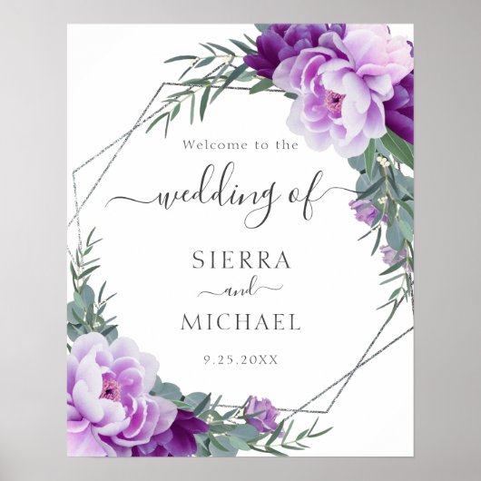 Elegant Silver en Paarse Floral Eucalyptus Wedding Poster (Voorkant)