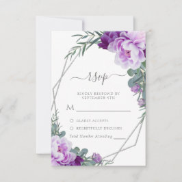 Elegant Silver en Paarse Floral Eucalyptus Wedding RSVP Kaartje