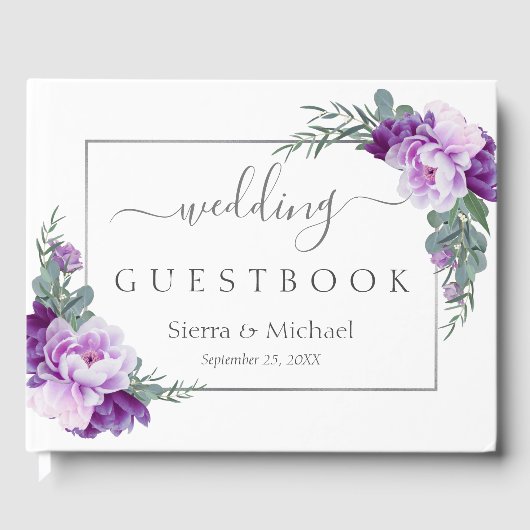 Elegant Silver en Paarse Floral Geometric Wedding Gastenboek (Voorkant)