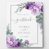 Elegant Silver en Paarse Floral Wedding Guestbook Fotoplaat (Voorkant)