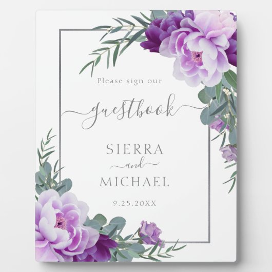 Elegant Silver en Paarse Floral Wedding Guestbook Fotoplaat (Voorkant)