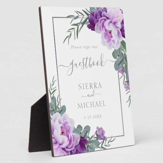 Elegant Silver en Paarse Floral Wedding Guestbook Fotoplaat (Zijkant)