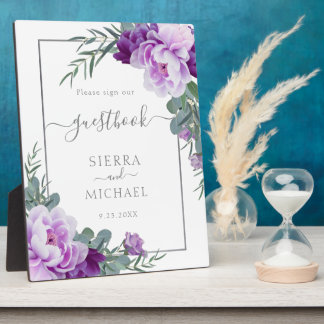 Elegant Silver en Paarse Floral Wedding Guestbook Fotoplaat