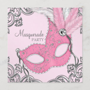 Elegant Silver en Pink Masquerade Party Kaart