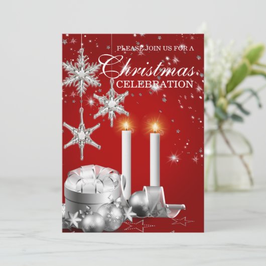 Elegant Silver en Red Kerstparty Uitnodiging (Staand voorkant)