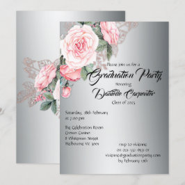Elegant Silver en Roze Floral Afstuderen Kaart