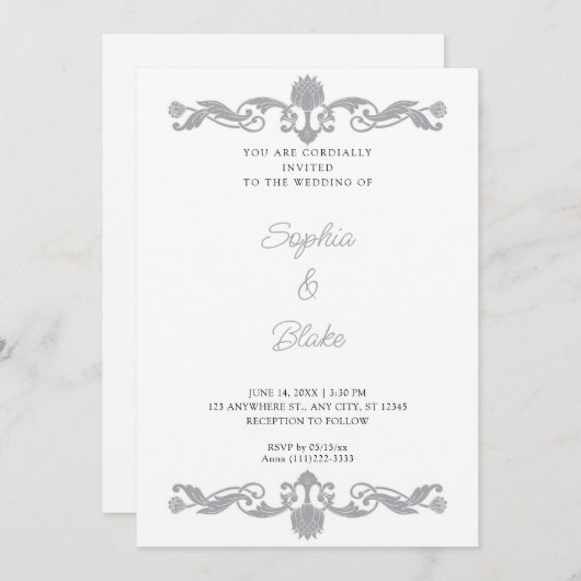 Elegant Silver en White Art Deco Wedding Kaart (Voorkant / Achterkant)