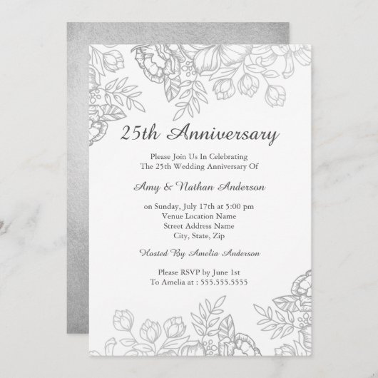 Elegant Silver  Floral 25th Jubileum Kaart (Voorkant / Achterkant)