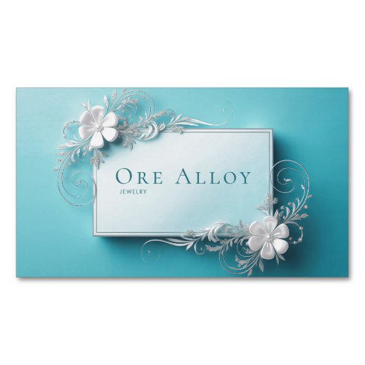 Elegant Silver Floral Filigree Aqua Blue Sophistic Magnetisch Visitekaartje (Voorkant)