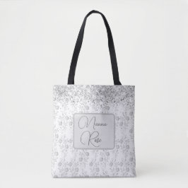 Elegant Silver Floral Glittery Personalized Tote Bag