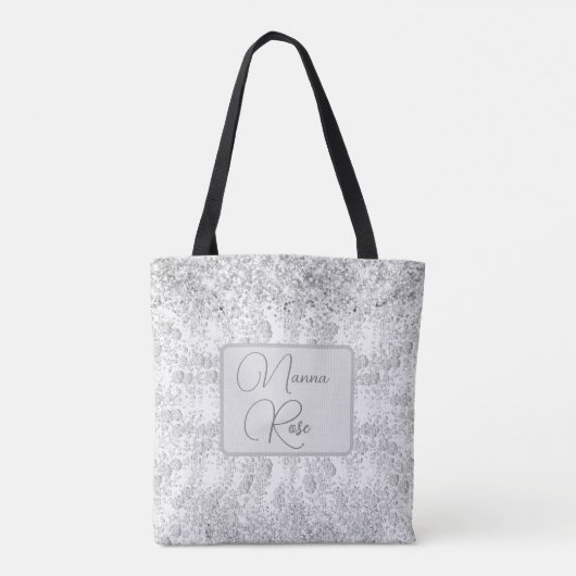Elegant Silver Floral Glittery Personalized Tote Bag (Achterkant)