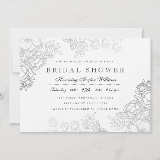 Elegant Silver  Floral Vrijgezellenfeest Invite Kaart (Voorkant)