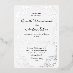 Elegant Silver Flourish Border Wedding Folie Uitnodiging