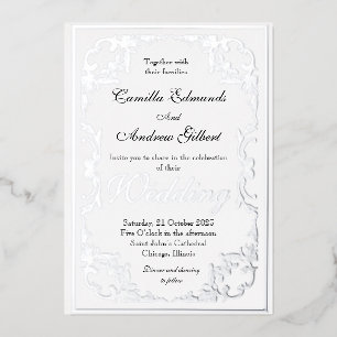 Elegant Silver FLourish Border Wedding Folie Uitnodiging