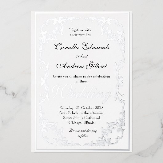 Elegant Silver  FLourish Border Wedding Folie Uitnodiging (Voorkant)