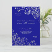 Elegant Silver Flower Swirls Navy Blue Wedding Kaart (Staand voorkant)
